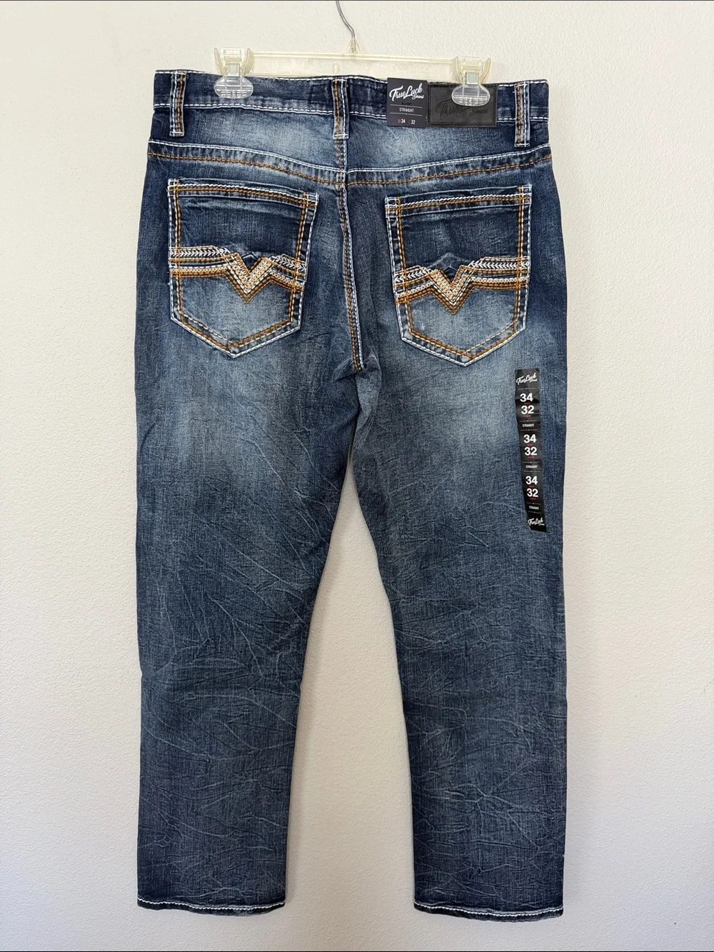 True Luck Men's Straight Jeans in Distressed Dark Blue - Classic Fit 34/32